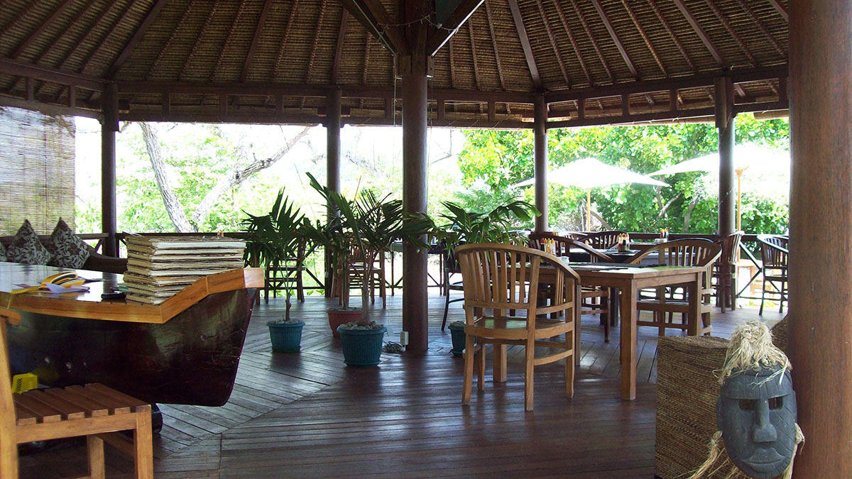Restaurant on the beach at Angel Island Resort, Komodo, Indonesia
