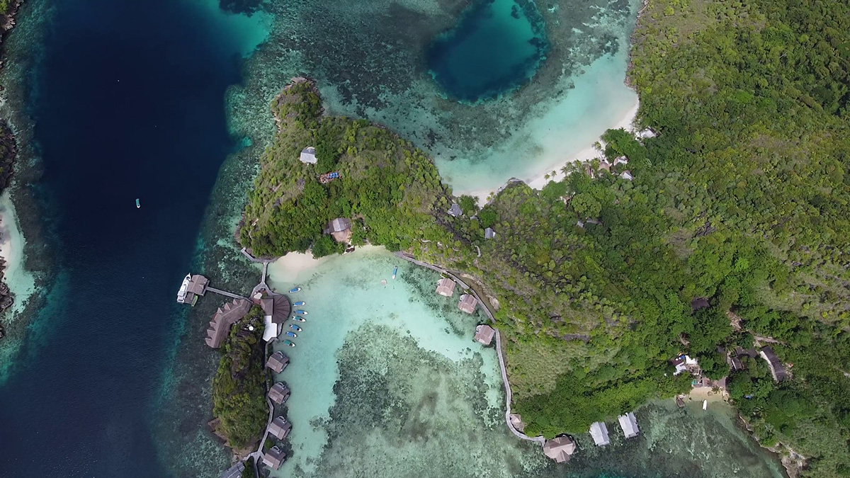 Aerial view of Misool Eco Resort
